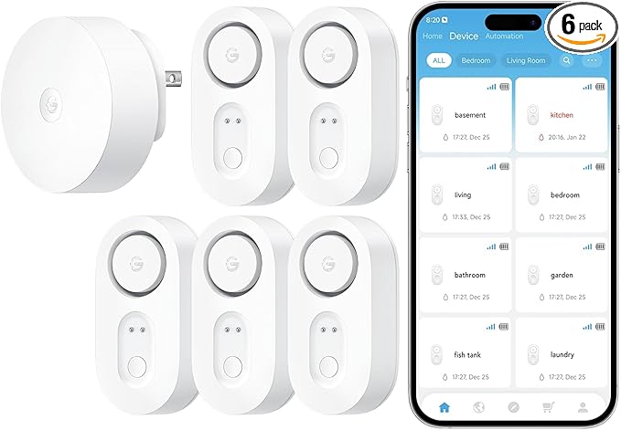 GoveeLife Upgraded Smart Water Leak Detector 1s with 1804ft Ultra-Long Range, WiFi Water Sensor with SMS/Email/APP Push and Sound Alarm,5-Year Battery Life, 5 Pack, Suit for Home, Basement, Kitchen