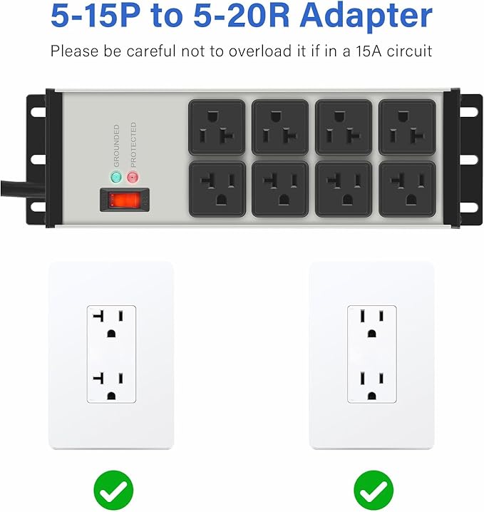 CCCEI Grey Heavy Duty Power Strip Surge Protector 20 AMP, 8 Outlets 12 Gauge Industrial Shop Garage Metal Multiple Outlets, 12 FT Extension Cord 5-15P Adapter High Amp 6-20R T-Slot 20a for Appliance
