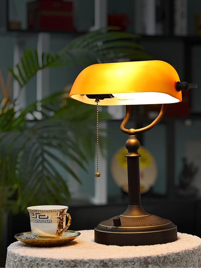 Newrays Matted Amber Glass Bankers Desk Lamp, Stepless Dimmable Table Lamp Plug in Fixture for Study, Home Office,Library, LED Bulb Included