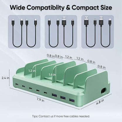 300W Charging Station for Multiple Devices, 8 Port Multi USB C Fast Charger Station Dock for MacBook iPhone 16/15/14/13/12 Samsung Pixel Series iPad, Green (6 Mixed Short Cables Included)