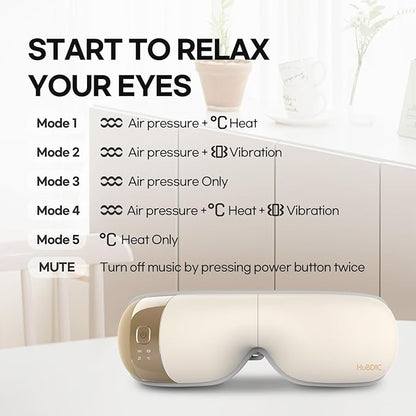 HubiCare Eye Massager with Heat, Vibration, and Music Helps Relieve Strain, Dark Circles, Dryness, and for Migraine Relief Relaxation and Better Sleep Valentines Day Gifts for Women/Men (Beige)