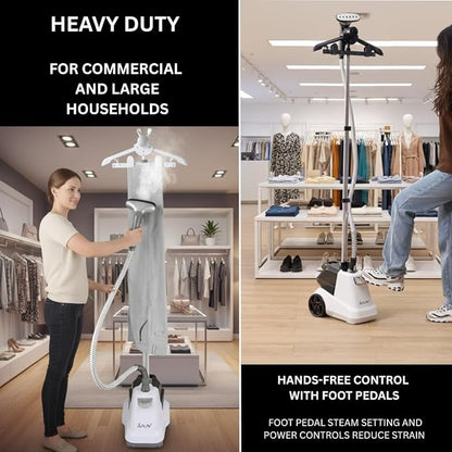 SALAV Heavy Duty Commercial Full-Size Garment Steamer with Foot Pedals and Extra Large 3L (101.5 oz) Water Tank, 1800 watts, 90+min of Continuous Steam (White)
