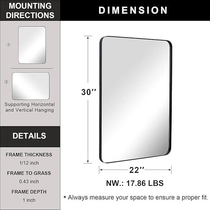 ANDY STAR Wall Mirror for Bathroom with Stainless Steel Metal Frame, 22"x30" Rectangle Rounded Corner Frame, Matte Black Finish
