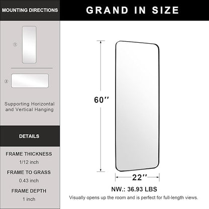 ANDY STAR 22" x 60" Full Length Wall Mirror, Large Black Mirror for Bathroom, Rounded Corner Rectangle Body Mirror for Floor and Leaning
