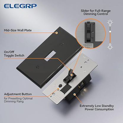 ELEGRP Digital Toggle Dimmer Switch for Dimmable LED, CFL and Incandescent Light Bulbs, Single Pole or 3-Way Toggle LED Dimmer Light Switch, Wall Plate Included, UL Listed, 6 Pack, Black