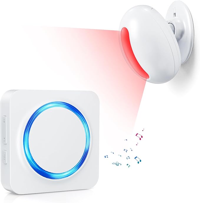 Wireless Motion Sensor Alarm Indoor -Door Chime for Business, Store Welcome Buzzer Monitor with Colorful LED Light 500 FT Range Commercial Door Entry Alert, Caregiver Reminder for Elderly