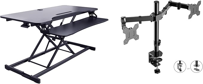 Rocelco 43" Height Adjustable Standing Desk Converter with Dual Monitor Arm Mount - Tall Stand Up Tabletop Riser and Tablet Slot - Computer Workstation - Deep Keyboard Tray - Black (R VADRB-43-DM2)