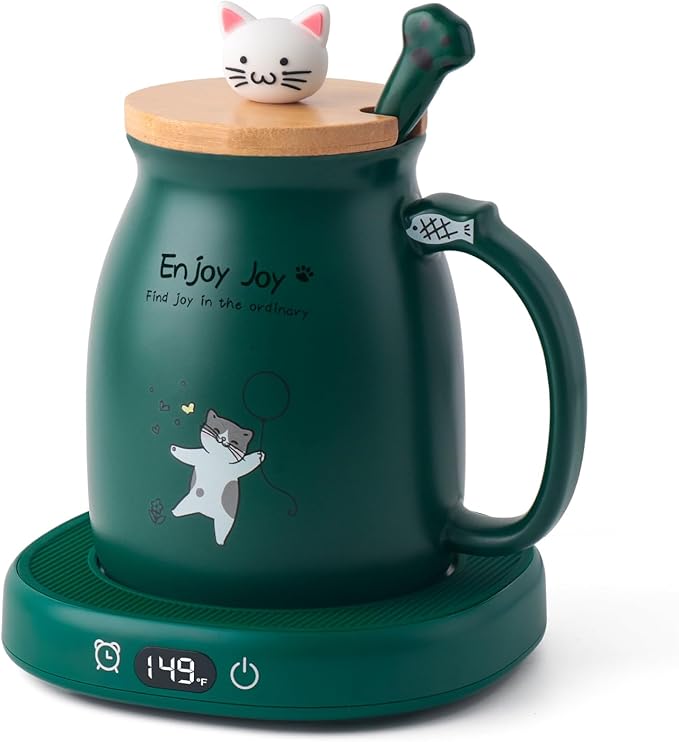 Bsigo Cute Cat Mug Set & Electric Smart Mug Warmer for Home & Office, Beverage Tea & Coffee Cup Warmer with 3-Temp Settings, 8H Auto Shut Off, Green