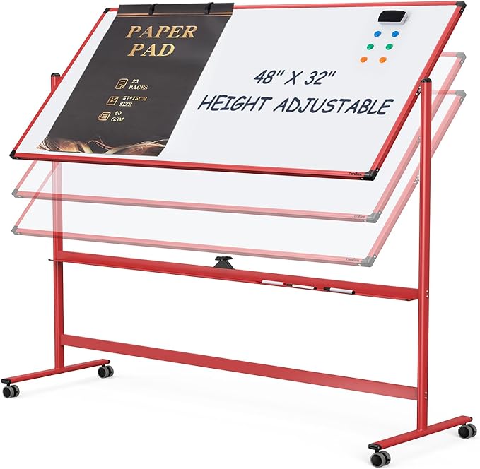Rolling Whiteboard, 48x32 Inches Dry Erase Board with Stand, Magnetic Mobile Whiteboard on Wheels, Standing White Board for Office, School, Home, Large Double Sided White Board with Paper Pad