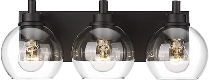 METWET Bathroom Light Fixtures, 3-Light Matte Black Vanity Light, Modern Wall Sconces with Clear Glass Globe Shade, Bathroom Wall Lights for Mirror Kitchen Bedroom Hallway, VL195-MB-3