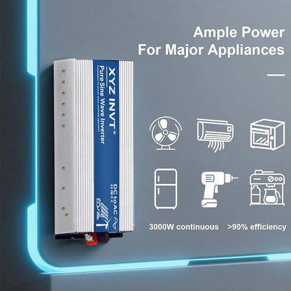 XYZ INVT 3000W Pure Sine Wave Inverter 48V to 120V AC, 6000W Peak Power, Power Converter for Solar System, Off-Grid Home, RV, Truck & Camping