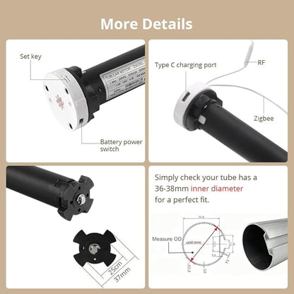 Blindsmart Rechargeable Tuya Zigbee Roller Blinds Motor for 38mm Tube, Motorized Window Shades Automatic Blinds Curtain Opener APP Control, Zigbee Hub Required (Only Motor + Solar Pannel)