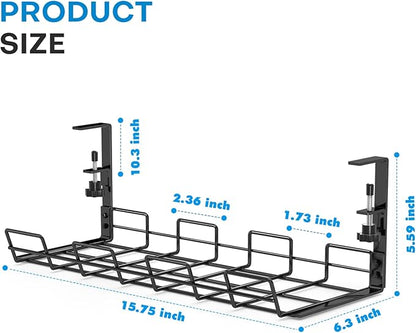 No Drill Under Desk Cable Management Tray, Desk Wire Management Cable Tray Sturdy Metal Wire Organizer Under Desk Basket for Office and Home Standing Desk -Black