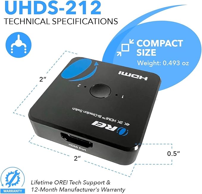 OREI HDMI Switch 4K HDMI Splitter - 2x1 Bi Directional - 4:4:4 8-bit - HDMI 2.0, HDCP 2.2, 18 Gbps, 4K @ 60Hz HDMI UltaHD High Resolution Switch Between 2 Inputs or Toggle Displays (UHDS-212)