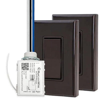 RunLessWire 3-Way Battery-Free DIY Wireless Light Switch Kit 150ft RF Range Self-Powered by Kinetic Energy for Hallways & Stairways: 2 Remote Switches Control 1 5A On/Off Receiver – Brown