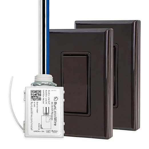 RunLessWire 3-Way Battery-Free DIY Wireless Light Switch Kit 150ft RF Range Self-Powered by Kinetic Energy for Hallways & Stairways: 2 Remote Switches Control 1 5A On/Off Receiver – Brown