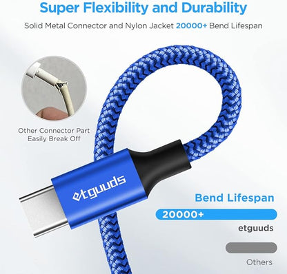 etguuds USB A to USB C Cable 4ft, 2-Pack, 3A Fast Charging Type C Charger Cord for iPhone 17 16 15 Pro Max 16e 17 Air, Samsung Galaxy S25 S24 S23 S22 S21 S20 A17 A16 A56 A55 Flip Fold, Blue