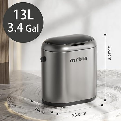 MRBIN Automatic Adsorption Metal Trash Can for Bathroom, Touchless Garbage Bin with Lid, 3.2 Gallon Slim Trash Can for Office and Bedroom, Electric Motion Sensor Waste Basket, Eclipse Grey