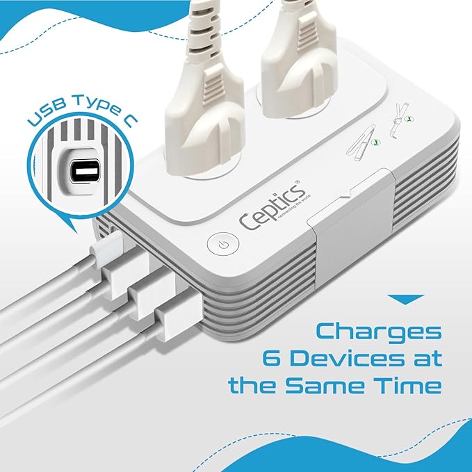Ceptics Egypt, Dubai, Jordan Voltage Converter, Convert 220V to 110V for Devices Like Curling Iron Straightener Chargers 4 USB PD 18W Fast Charging Type H, C, G