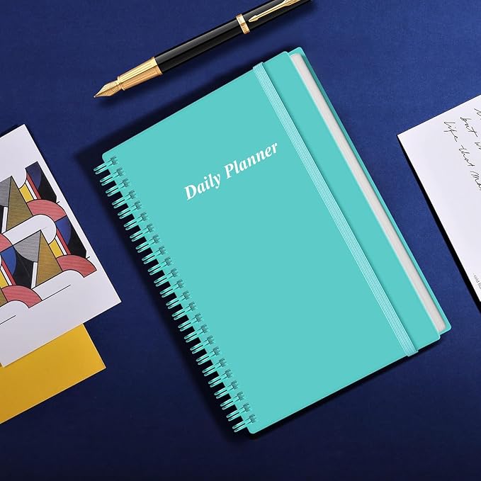 Daily Planner Undated - A5 To Do List Notebook Hourly Schedules, Spiral Appointment Planner for Women and Men, PVC Hardcover, Inner Pocket, Elastic Closure, 5.8" x 8.3", Teal