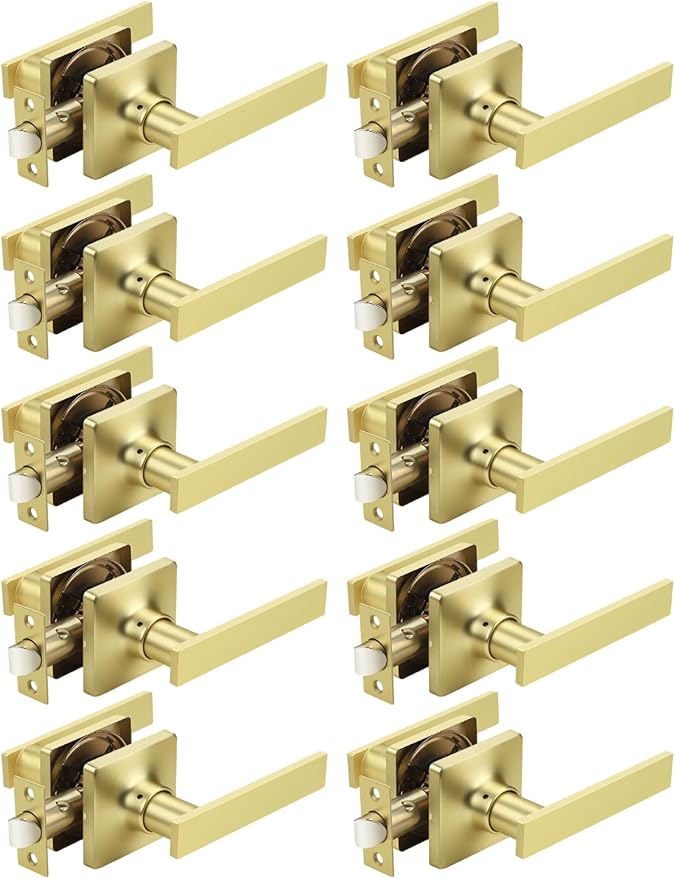 Mengico 10 Pack Passage Door Levers Gold Finish, No-Locking Keyless Square Door Knob, Interior Door Handles for Closet and Hallway, Reversible for Left & Right Handed