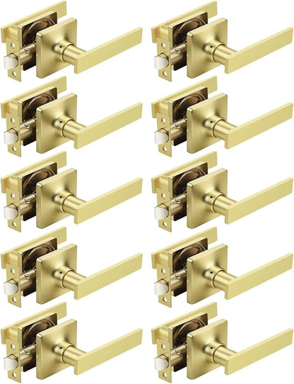 Mengico 10 Pack Passage Door Levers Gold Finish, No-Locking Keyless Square Door Knob, Interior Door Handles for Closet and Hallway, Reversible for Left & Right Handed