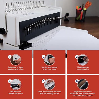 TruBind Manual Comb Binding Machine | Punch up to 20 Sheets | Bind up to 425 Sheets | 21 Fully Disengageable Dies | 19-Ring Comb | 2-Year Warranty