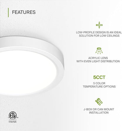 ASD LED 5" Round Flush Mount Ceiling Light Fixture, Low Profile Surface Lighting | 5CCT, Dimmable, Ultra-Thin, ETL Listed | 10W 700LM 2700-6000K 120V | Kitchen, Bedroom, Hallway Lamp | White, 12 Pack