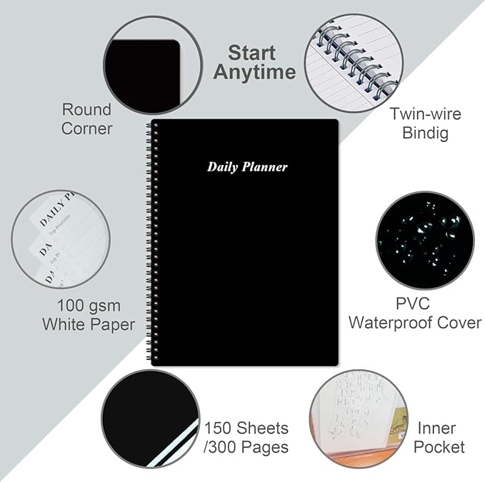 Daily Planner Undated - A4 To Do List Notebook Hourly Schedules, Spiral Appointment Planner for Women and Men,PVC Hardcover, Inner Pocket, Elastic Closure, 8.5" x 11", Black