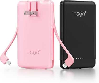 TG90° 2 Pack 5000mAh Portable Charger,Mini Power Bank Built-in Foldable AC Plug and Cables,Pocket Size USB C External Battery Pack Compatible with iPhone 17 16 15 14 Samsung Google iPad,Black & Pink