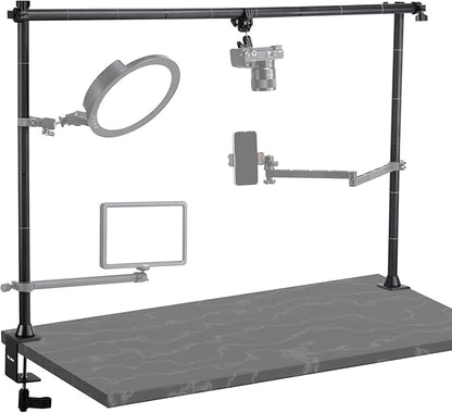 JUSMO LS15 Pro Camera Desk Mount, Aluminum Overhead Camera Mount Rig, Table Multi-Device Pole to Mount Magic Arm Clamp, DSLR, Cameras, Phone, Light, Microphone, Streaming, Studio, Max Load 22 lb