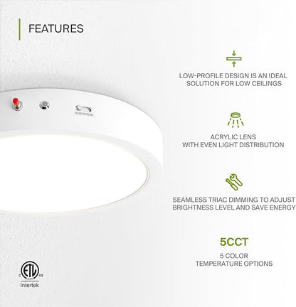 ASD LED 12" Round Flush Mount Ceiling Light Fixture, Low Profile Surface Lighting | 5CCT, Dimmable, Battery Backup, ETL Listed | 24W 2100LM 2700-6000K 120V | Kitchen, Hallway Lamp | White, 12 Pack
