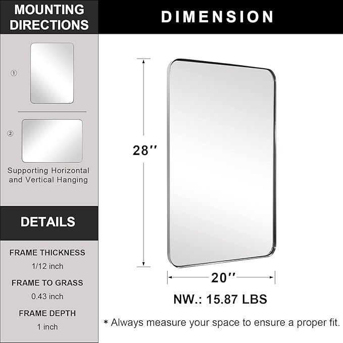 ANDY STAR Brushed Nickel Mirror for Wall, 20”x28” Silver Rectangle Bathroom Mirror, Modern Metal Mirror in Rounded Corner Stainless Steel Frame, 1’’ Deep Set Design Hangs Horizontal Or Vertical