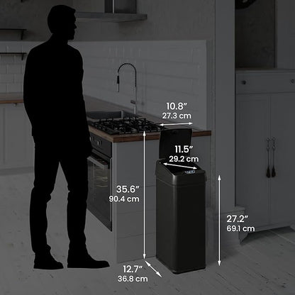 iTouchless 13 Gallon Kitchen Trash Can with Odor Filter, Automatic Motion Sensor Bin, Soft-Close Stainless Steel, Slim Wastebasket for Narrow Spaces, Matte Black