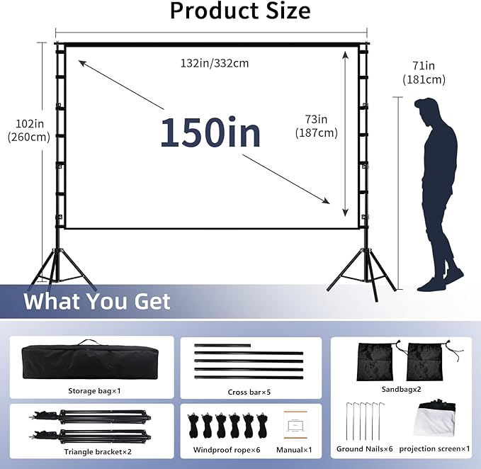 Projector Screen with Stand, Wootfairy 150 inch Portable and Foldable Projection Screen 4K HD 16:9 Rear Front Wrinkle-Free Movie Screen with Carry Bag for Indoor Outdoor Home Theater Backyard Cinema