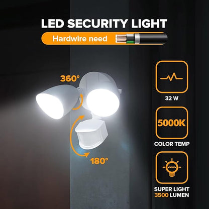 UME 2 Pack 32W 3500 Lumen LED Security Lights Motion Sensor Light Outdoor, 5000K Daylight, IP65 Waterproof, Dusk to Dawn, Motion Detector Flood Light for Garage, Yard, Porch-White