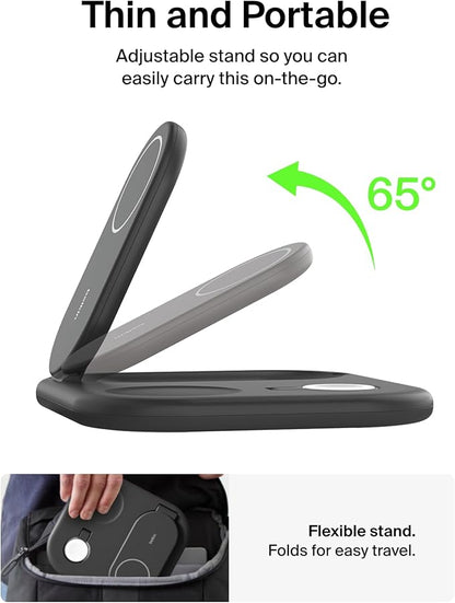 Belkin 3-in-1 MagSafe-Compatible iPhone Charger - Foldable Magnetic Qi2 Certified, MagSafe Charging Station for Phone, Apple Watch, AirPods - Wireless for Multiple Devices