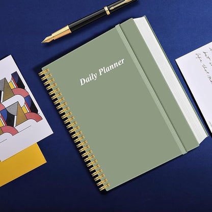 Daily Planner Undated - A4 To Do List Notebook Hourly Schedules, Spiral Appointment Planner for Women and Men,PVC Hardcover, Inner Pocket, Elastic Closure, 8.5" x 11", Green