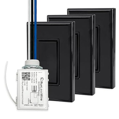 RunLessWire 4-Way Battery-Free DIY Wireless Light Switch Kit 150ft RF Range Self-Powered by Kinetic Energy for Hallways & Stairways: 3 Remote Switches Control 1 5A On/Off Receiver – Black