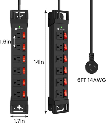 Heavy Duty Power Strip,6 Outlets Metal Power Strip with Individual Switch & Cord Management,Mountable Surge Protector 1200J,6FT Extension Cord(Black,6 FT)