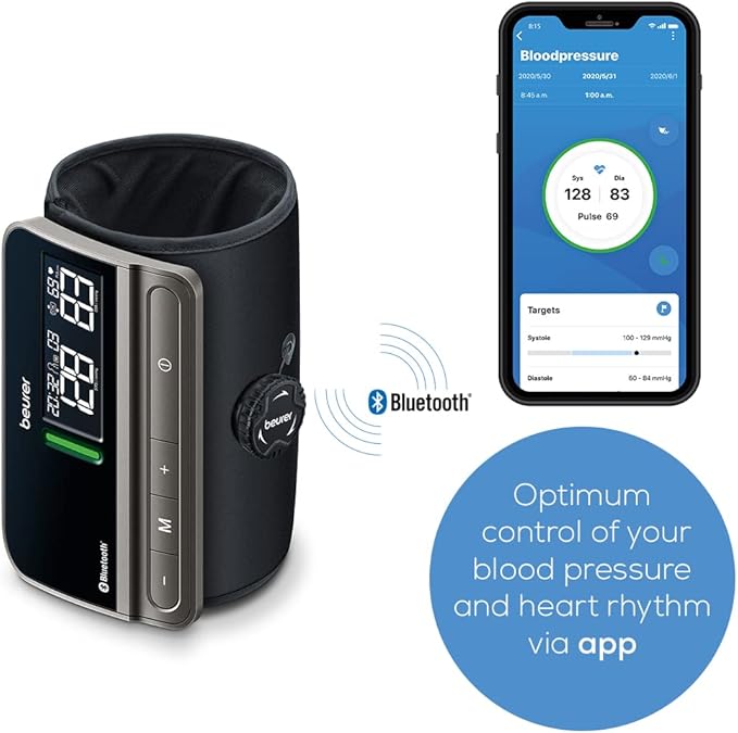 Beurer BM81 easyLock Automatic Upper Arm Blood Pressure Monitor, Smart Cuff Without Cables for Fast Measurement, Data Transfer to Apple Health and co., Bluetooth, 240 Memory Sets