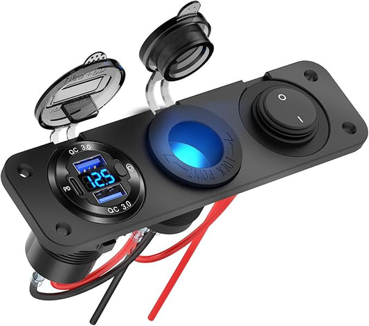 12V USB Outlet Boat Accessories Marine Switch Panel Plug, PD3.0 and Dual QC3.0 USB Ports Aluminum Car Charger with Voltmeter, Lighted 150W Cigarette Lighter Socket and Toggle Switch 3 in 1 DIY Kit