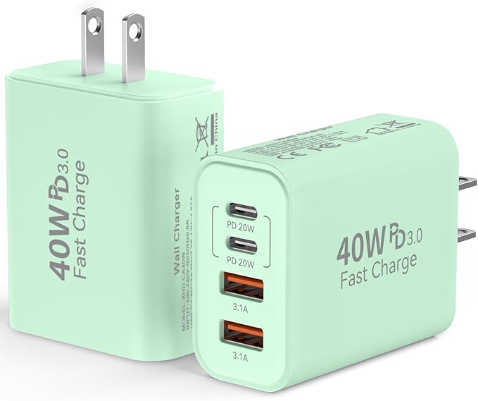 USB C Wall Fast Charger Block, 40W 4-Port Type C Chargers Fast Charging Blocks PD Power Charger Adapter+QC 3.0 USB Multiport Charger Brick for Phone 17/16/15/14/13/12 Pro Max, i-Pad, Galaxy S25-2Pack