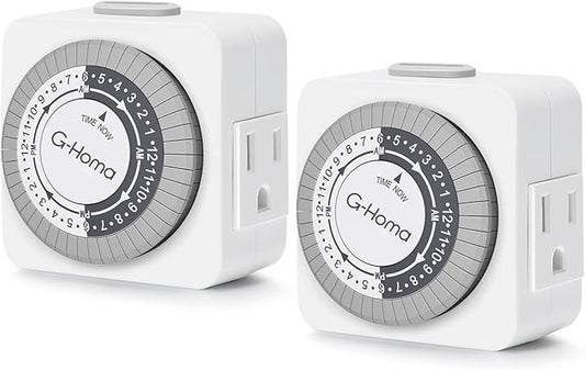 G-Homa Timers for Electrical Outlets, 24 Hour Indoor Plug-in Mechanical Timer Mini, 30 Minute Intervals, 3-Prong, Daily On/Off Cycle, for Lights, Lamps (2-Pack,ETL Listed) White