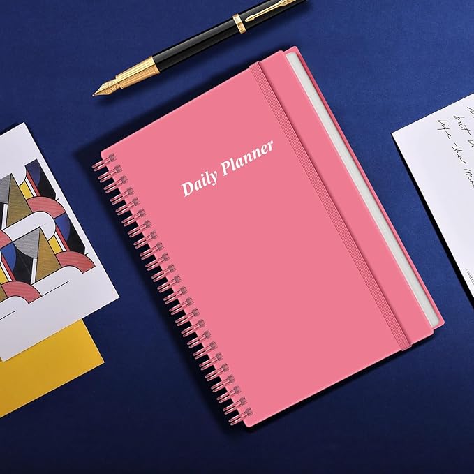 Daily Planner Undated - A5 To Do List Notebook Hourly Schedules, Spiral Appointment Planner for Women and Men, PVC Hardcover, Inner Pocket, Elastic Closure, 5.8" x 8.3", Pink
