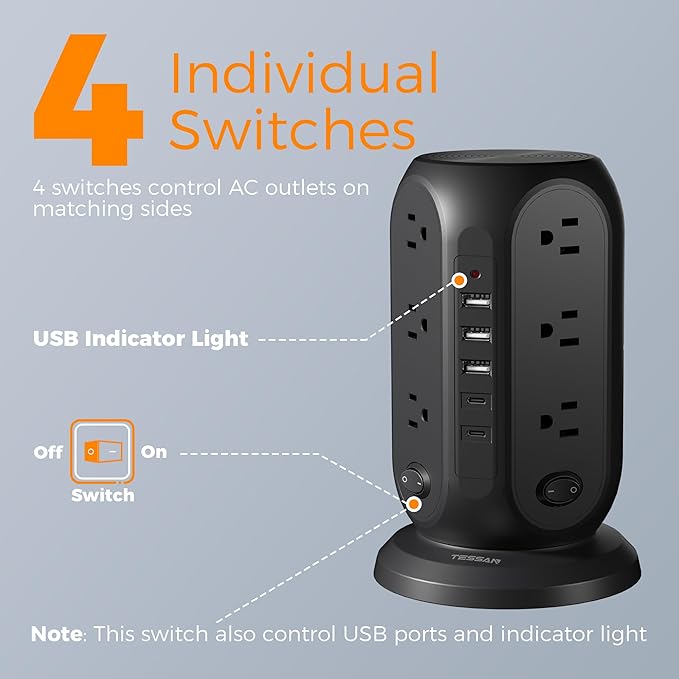 Black Surge Protector Power Strip with 4 Individual Switches, TESSAN USB C Charging Station Power Tower with Flat Extension Cord 10 Ft, 12 Outlets Black Extension Cord, Dorm Room, Office Accessories