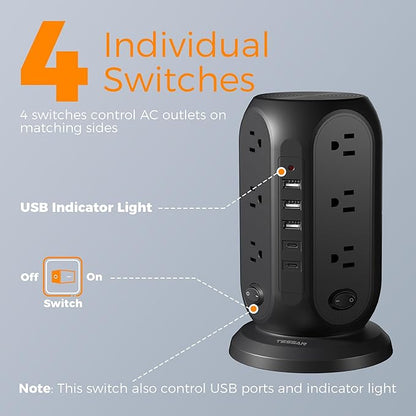 Black Surge Protector Power Strip with 4 Individual Switches, TESSAN USB C Charging Station Power Tower with Flat Extension Cord 10 Ft, 12 Outlets Black Extension Cord, Dorm Room, Office Accessories