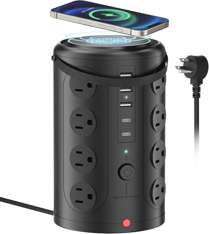 Surge Protector Power Strip - Desk Charging Station with 15W Wireless Charger, Multiple Outlets Charging Station with 16 2300J AC Outlets & 5 USB (2 USB C) Port, for Home, Office, Dorm Room