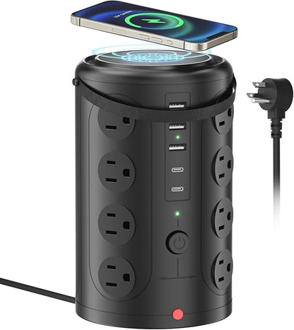Surge Protector Power Strip - Desk Charging Station with 15W Wireless Charger, Multiple Outlets Charging Station with 16 2300J AC Outlets & 5 USB (2 USB C) Port, for Home, Office, Dorm Room