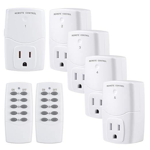 BN-LINK Mini Wireless Remote Control Outlet Switch Power Plug in for Household Appliances, Wireless Remote Light Switch, LED Light Bulbs, White (2 Remotes + 5 Outlets) 1250W/10A